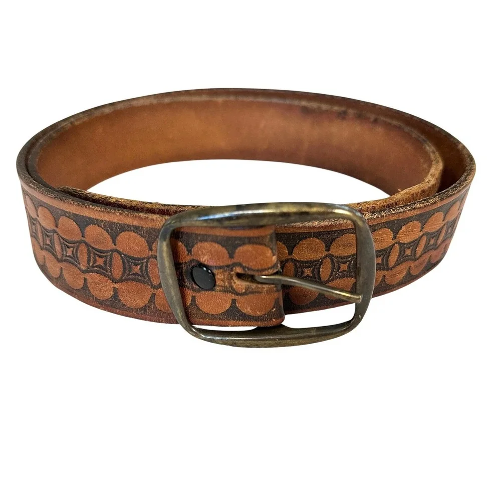 VTG 70s Tooled Leather Belt Steerhide Brown Boho Western Folk Artisan 38 USA‎